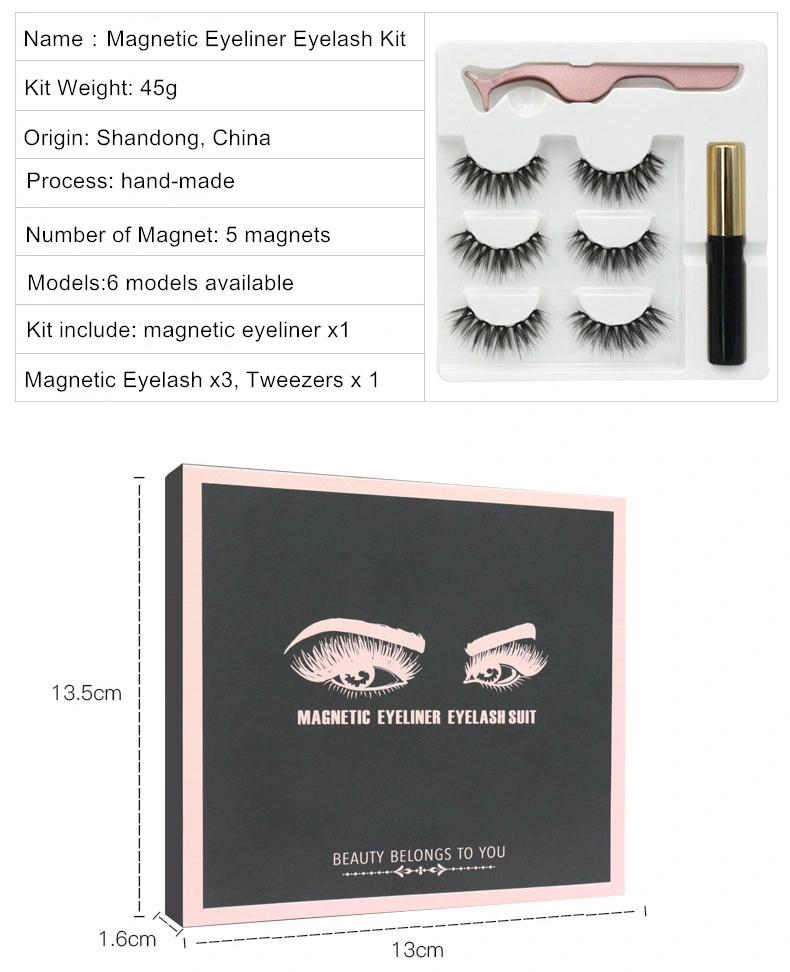 Wholesale OEM Customized Logo No Glue Three Pairs Silk Reusable Magnetic Eyeliner Lashes